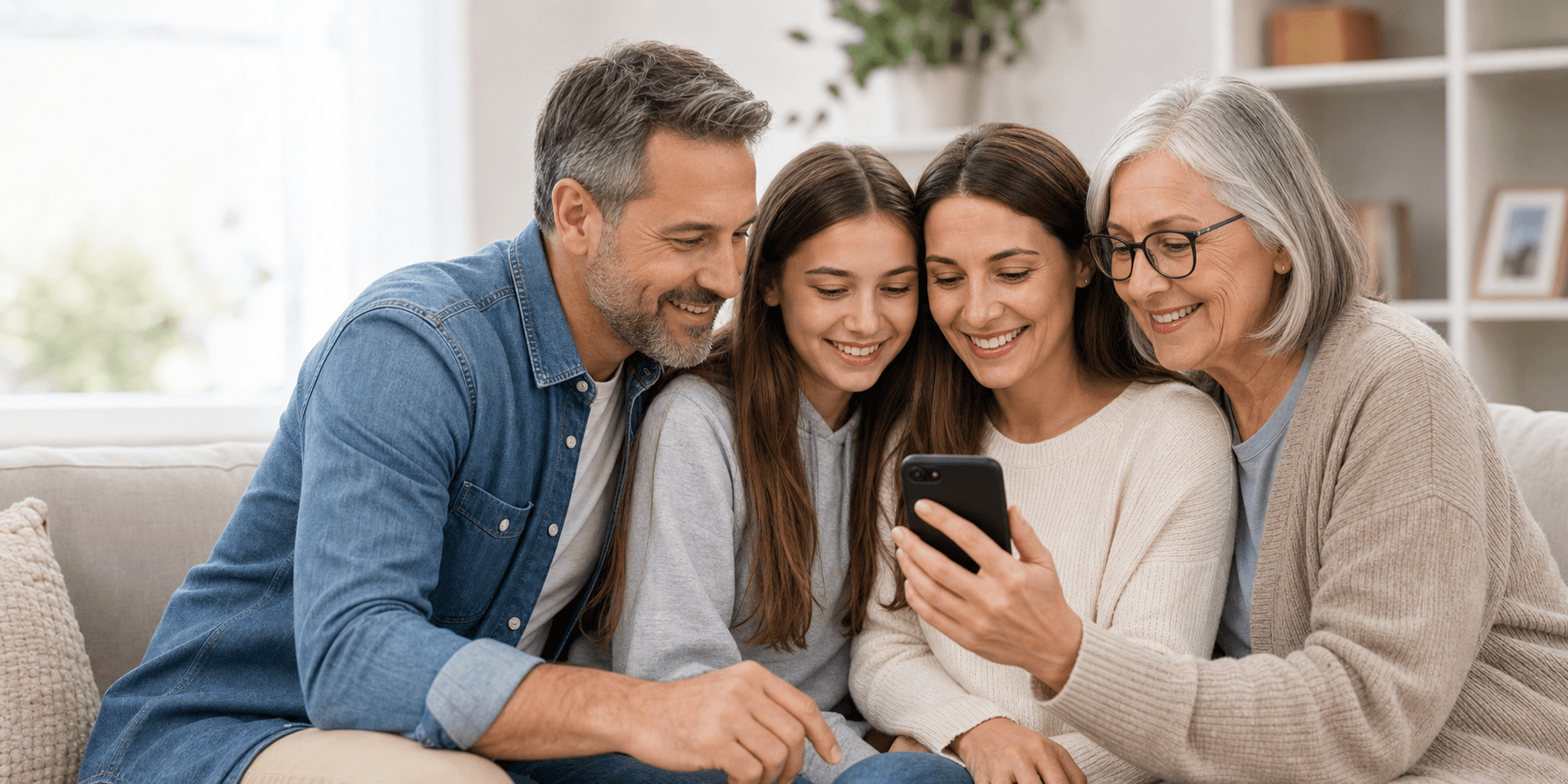 Family reviewing a phone together